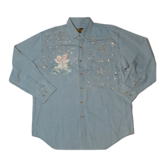 VINTAGE 80s Womens Button Down Shirt Christmas Sweater Angel Glitter Medium - Picture 1 of 11